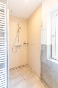 a shower with a glass door in a bathroom at Ferienwohnung Wrede in Ribbesbüttel