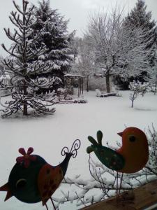 dos pájaros en una cerca en la nieve en Gîte La Charmaie, en Husseren-Wesserling
