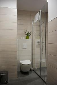 a bathroom with a toilet and a glass shower at Sud Hotel in Huttenheim