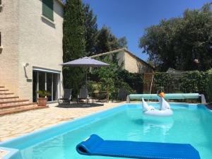 una piscina con un delfín inflable en el agua en En Avignon, en Les Angles