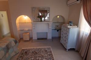 a bedroom with a fireplace and a bed and a mirror at Pluvio in Parys