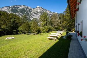 una fila di tavoli da picnic in un campo con montagne di Bohinj Apartments Goldhorn Kingdom a Bohinj