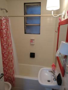 a bathroom with a sink and a shower curtain at Lo de Pablo in Vicente López