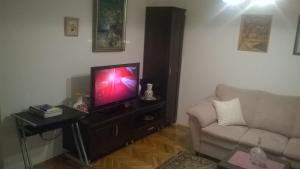ein Wohnzimmer mit einem TV und einem Sofa in der Unterkunft Apartman Mario in Osijek