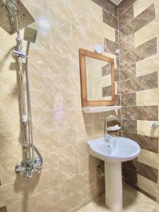 TheCastle Hotel في دهب: حمام مع حوض ومرآة