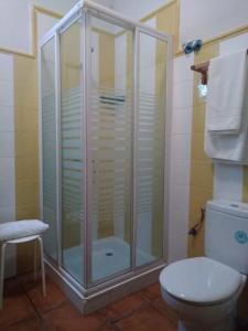 uma casa de banho com uma cabina de duche em vidro e um WC. em casa rural buenos aires em Acebo