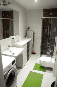 a bathroom with a sink and a washing machine in it at Modern cozy apartment in central Prague in Prague