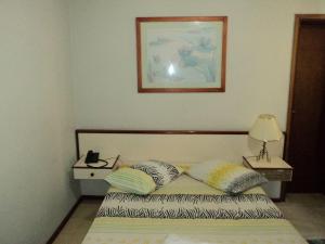 1 dormitorio con 1 cama con almohadas y lámpara en MAGA PLAZA HOTEL, en São José do Rio Pardo