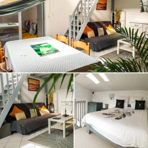 two pictures of a bedroom with a bed and a staircase at Appartement Cosy Seignosse bord de mer in Seignosse