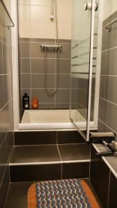 a bathroom with a shower and a tub and a rug at Appartement Cosy Seignosse bord de mer in Seignosse