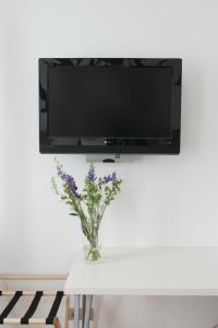 a vase of flowers on a table with a tv at Dahlia Inn in Prague