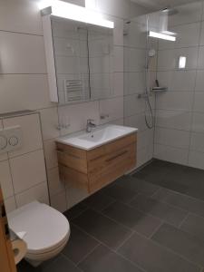 ein Badezimmer mit einem Waschbecken, einem WC und einem Spiegel in der Unterkunft Steinbock in Grächen