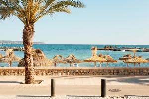 a group of straw umbrellas next to the ocean at Sunprime Waterfront Adults Only in Can Pastilla
