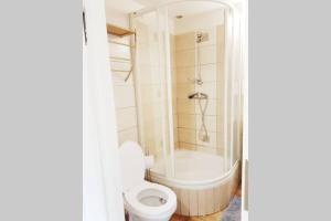La salle de bains est pourvue d'une baignoire, de toilettes et d'une douche. dans l'établissement Suterena w centrum Mrągowa, à Mrągowo
