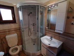 a bathroom with a shower and a toilet and a sink at Holiday house Rončević 50 m from sea A1 in Jasenice +36 photos