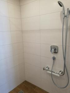 a shower with a shower head in a bathroom at Chalet Glockenhof in Walchsee +29 photos