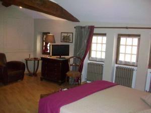 a bedroom with a bed and a tv and a chair at La Maison des Gardes - Chambres d'hôtes in Cluny