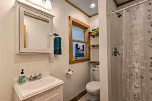 une salle de bain avec un lavabo, des toilettes et une douche dans l'établissement Boathouse, Sunroom and Decks Lake Lure Cottage, à Lake Lure 18 autres photos