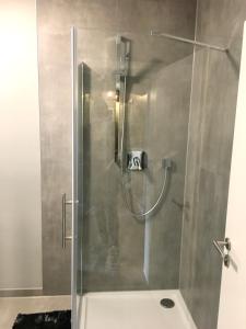 a shower with a glass door in a bathroom at Four in Koblenz