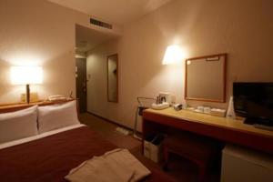 高山市にあるCountry Hotel Takayama - Vacation STAY 67713のベッドと鏡が備わるホテルルーム