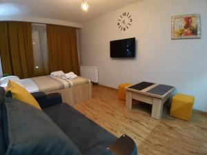 Habitación de hotel con sofá y TV en New Gudauri loft1 en Gudauri