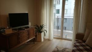 een woonkamer met een televisie op een dressoir en een raam bij u Eli, Bawarczyków 7-69 Toruń, PARKING FREE in Toruń