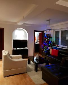 ein Wohnzimmer mit einem Weihnachtsbaum und einer Couch in der Unterkunft Brand New Apt in City Center in Bitola