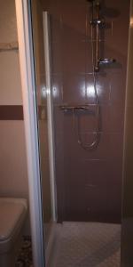 La salle de bains est pourvue d'une douche avec une porte en verre. dans l'établissement La Cour Du Puits chambre Maxime, à Cormeilles