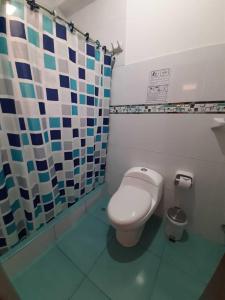 a bathroom with a toilet and a shower curtain at Hotel Ocean Beach Paracas in Paracas