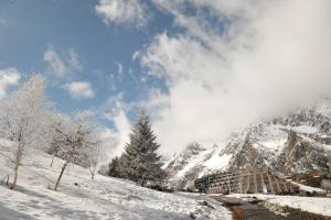 une montagne enneigée avec des arbres et une rivière dans l'établissement Résidence Azureva Piau Engaly, à Aragnouet