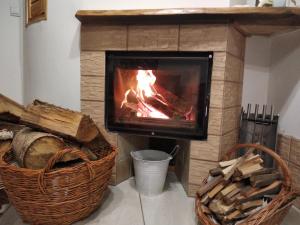 una chimenea con chimenea en una habitación en Domek Mazury Harsz, en Harsz