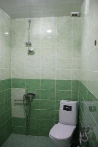 a green tiled bathroom with a toilet and a shower at HOMEWOOD in Stepantsminda