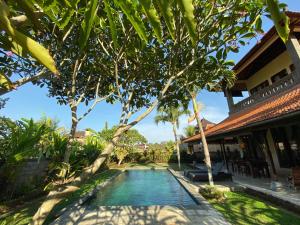 a swimming pool in front of a house with trees at Rumah Dadong in Ubud