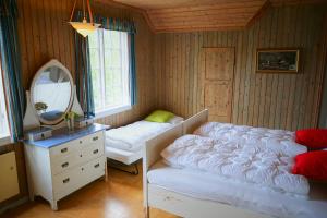 a bedroom with a bed and a mirror and a dresser at Flørli 4444 Hostel in Fløyrli