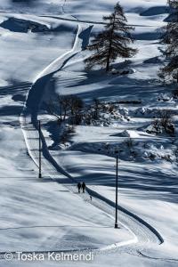 dwoje osób jeździ na nartach po pokrytym śniegiem stoku w obiekcie Engadin Holidays ch - Chasa 32 in Guarda w mieście Guarda