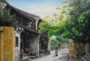 a painting of a woman walking down a street at Ylang Garden Villa in Hoi An