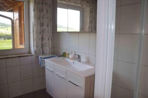 łazienka z umywalką i oknem w obiekcie Ferienhaus Mitterbauer w mieście Oberhofen am Irrsee