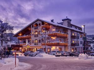 un grand bâtiment avec des voitures garées devant lui dans l'établissement Hotel Seefelderhof, à Seefeld in Tirol