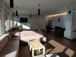 a living room with couches and a table and a fireplace at Hotel Europa in Astún