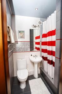La salle de bains est pourvue de toilettes blanches et d'un lavabo. dans l'établissement Comfortable apartment in the center, à Tchernihiv