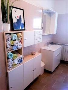 a bathroom with a toilet and a shelf with dishes at Marija Apartments in Pirovac