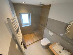 an overhead view of a bathroom with a toilet and a sink at FeWo am Osthafen in Überlingen