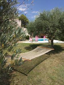 a hammock in the grass next to a pool at L'éolyre in La Motte-dʼAigues