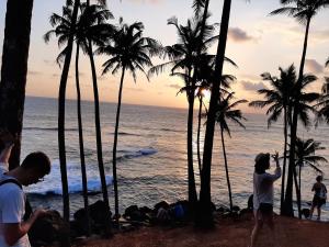 a group of people standing on a beach with palm trees at Edelweiss Resort in Mirissa