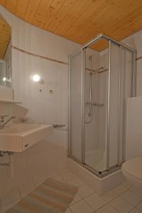 een badkamer met een douche en een wastafel bij Snowbird 214 in Bagnes