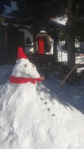 Ein Schneemann mit rotem Hut auf einem Schneehaufen in der Unterkunft GreenPointMountainHouse for 6 persons in Kopaonik