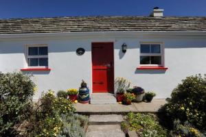 a white house with a red door and some plants at Red Stonecutters Cottage, Doolin in Carrowauff