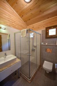 a bathroom with a shower and a sink and a toilet at Sea Valley Bungalows in Faralya