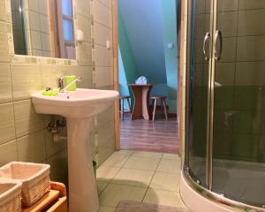 ein Bad mit einem Waschbecken und einer Dusche in der Unterkunft U Wiesi in Poronin