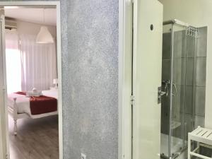 a room with a bed, a refrigerator, and a shower at Mirandesa Guesthouse in Porto